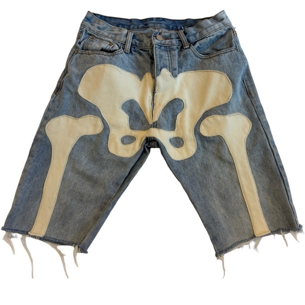 MNML Bermuda Shorts Mens 30 Black Denim Cutoff Skeleton Bones Embroidered